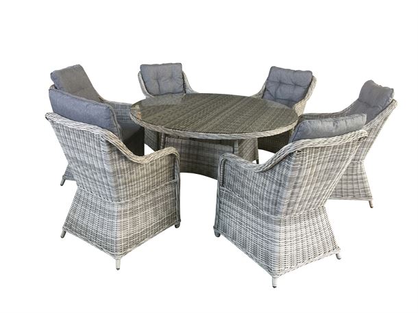 Havemøbelsæt model Sevilla. 6 stole + ø150cm bord i mixed gråt rundt polyrattan.